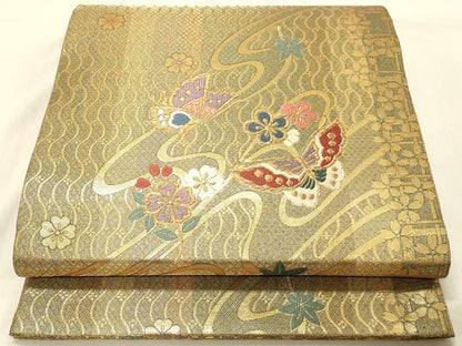 平和屋着物◎両面 六通柄袋帯 唐織 流水花蝶文 金糸 正絹 逸品 DAAV2885qp