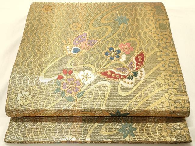 平和屋着物◎両面 六通柄袋帯 唐織 流水花蝶文 金糸 正絹 逸品 DAAV2885qp