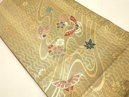 平和屋着物◎両面 六通柄袋帯 唐織 流水花蝶文 金糸 正絹 逸品 DAAV2885qp