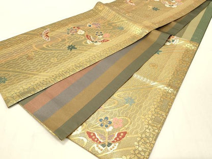 平和屋着物◎両面 六通柄袋帯 唐織 流水花蝶文 金糸 正絹 逸品 DAAV2885qp