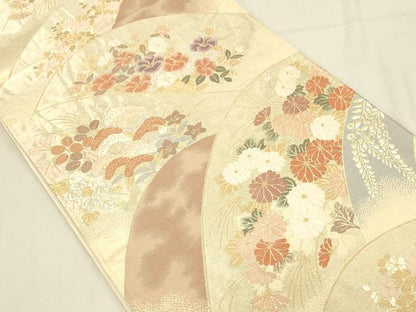 平和屋着物◎六通柄袋帯　重ね山花文　金糸　正絹　逸品　DAAV2892qp