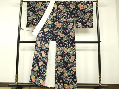 平和屋着物▽上質な小紋　単衣　型染　草花文　鬼しぼ縮緬　正絹　逸品　DAAV3004du