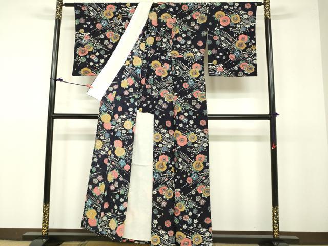 平和屋着物▽上質な小紋　単衣　型染　草花文　鬼しぼ縮緬　正絹　逸品　DAAV3004du