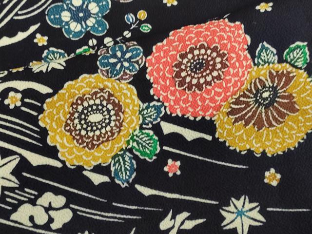 平和屋着物▽上質な小紋　単衣　型染　草花文　鬼しぼ縮緬　正絹　逸品　DAAV3004du
