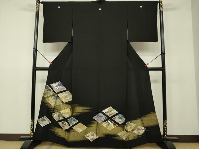 平和屋着物▽豪華黒留袖 単衣 駒刺繍 立波菱文 金彩 金通し地 正絹 逸品 DAAV3008du