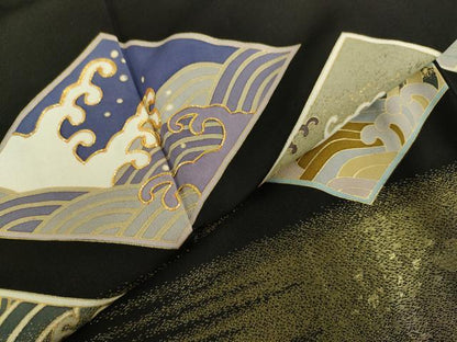 平和屋着物▽豪華黒留袖 単衣 駒刺繍 立波菱文 金彩 金通し地 正絹 逸品 DAAV3008du