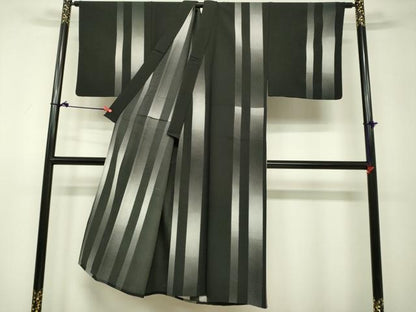 平和屋着物▽男性 小紋 単衣 間道 黒地 洗える着物 DAAV3024du