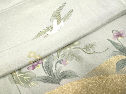 平和屋着物▽訪問着 単衣 手描き 花鳥文 金彩 正絹 逸品 未使用 DAAV3116du