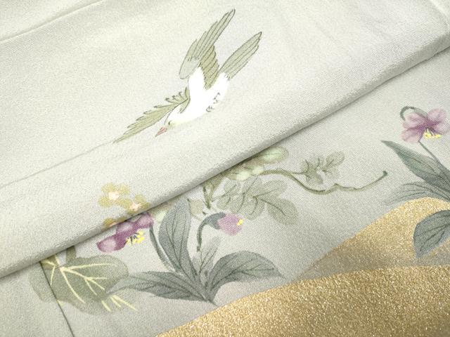 平和屋着物▽訪問着 単衣 手描き 花鳥文 金彩 正絹 逸品 未使用 DAAV3116du