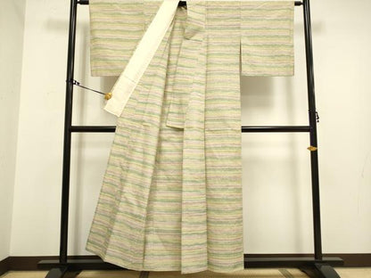 平和屋着物▽上質な紬 単衣 横段文 正絹 逸品 DAAV3117du