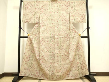 平和屋着物▽上質な紬　単衣　洋花文　正絹　逸品　DAAV3121du