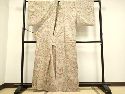 平和屋着物▽上質な紬　単衣　洋花文　正絹　逸品　DAAV3121du