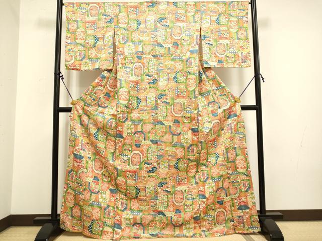 平和屋着物▽上質な小紋 単衣 型染 風景花文 正絹 逸品 DAAV3126du
