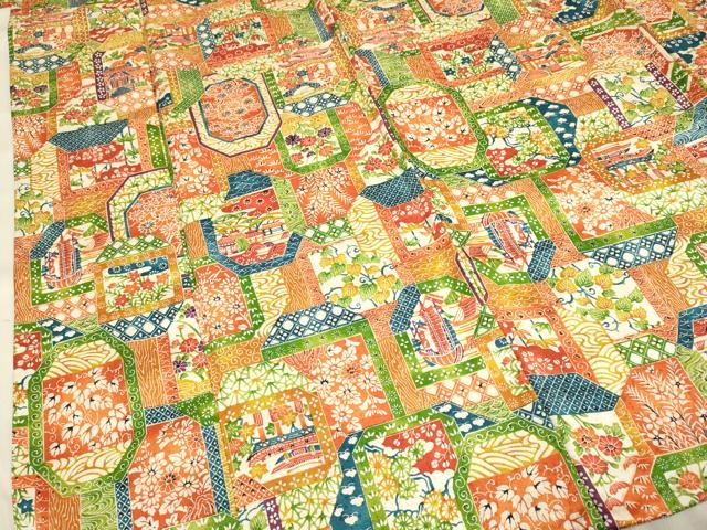 平和屋着物▽上質な小紋 単衣 型染 風景花文 正絹 逸品 DAAV3126du