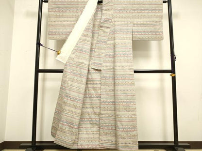 平和屋着物▽上質な紬 単衣 横段吉祥文 正絹 逸品 DAAV3138du