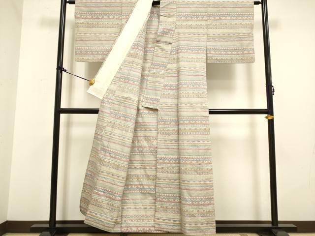 平和屋着物▽上質な紬 単衣 横段吉祥文 正絹 逸品 DAAV3138du