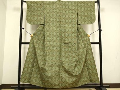 平和屋着物▽上質な紬 単衣 菱文 正絹 逸品 DAAV3140du