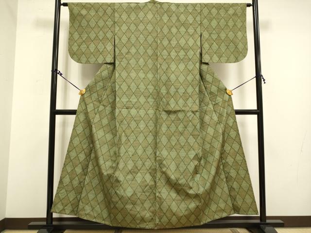 平和屋着物▽上質な紬 単衣 菱文 正絹 逸品 DAAV3140du