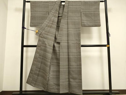 平和屋着物▽上質なお召 単衣 格子 正絹 逸品 DAAV3147du