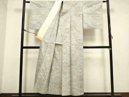 平和屋着物▽上質な紬　単衣　雲取花文　正絹　逸品　DAAV3150du