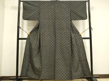 平和屋着物▽上質な紬　単衣　七宝文　黒地　正絹　逸品　DAAV3152du