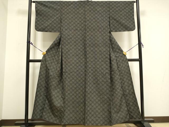 平和屋着物▽上質な紬　単衣　七宝文　黒地　正絹　逸品　DAAV3152du