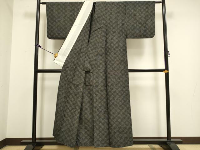 平和屋着物▽上質な紬　単衣　七宝文　黒地　正絹　逸品　DAAV3152du