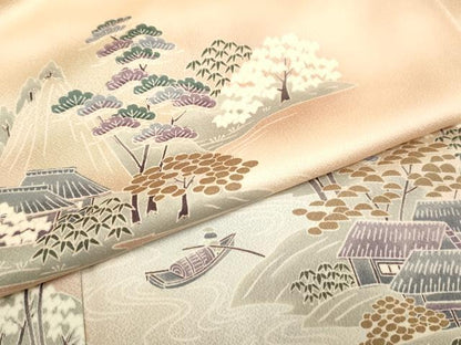 平和屋着物▽訪問着 単衣 渡り橋風景花文 暈し染め 正絹 逸品 DAAV3157du
