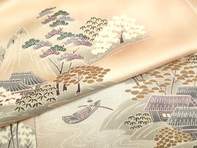 平和屋着物▽訪問着 単衣 渡り橋風景花文 暈し染め 正絹 逸品 DAAV3157du