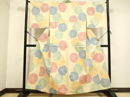 平和屋着物▽上質な紬 単衣 菊文 正絹 逸品 未使用 DAAV3161du