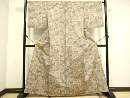 平和屋着物▽上質な紬　単衣　色紙重ね吉祥花文　正絹　逸品　DAAV3165du