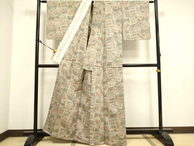 平和屋着物▽上質な紬　単衣　色紙重ね吉祥花文　正絹　逸品　DAAV3165du
