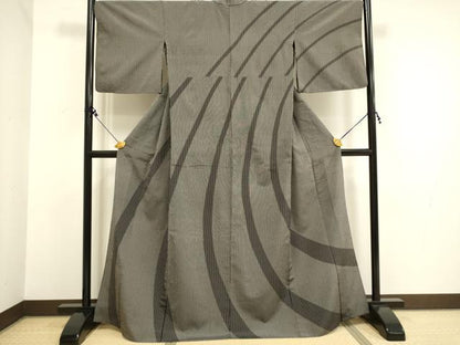 平和屋着物▽本塩沢 訪問着 単衣 変わり間道 黒地 証紙付き 正絹 逸品 DAAV3171du