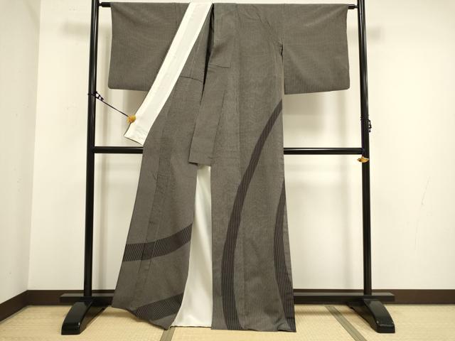 平和屋着物▽本塩沢 訪問着 単衣 変わり間道 黒地 証紙付き 正絹 逸品 DAAV3171du