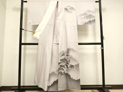平和屋着物▽訪問着　単衣　手描き　重ね山松シルエット　暈し染め　三越扱い　正絹　逸品　未使用　DAAV3173du