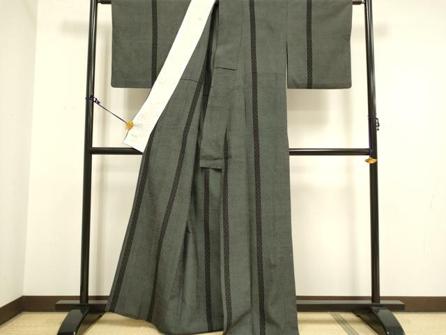 平和屋着物▽本塩沢 単衣 蚊絣 黒地 正絹 逸品 DAAV3175du