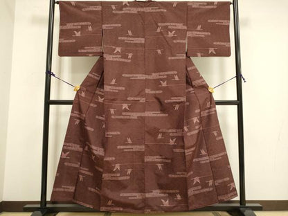 平和屋着物▽上質な紬　単衣　エ霞飛鳥文　正絹　逸品　DAAV3176du