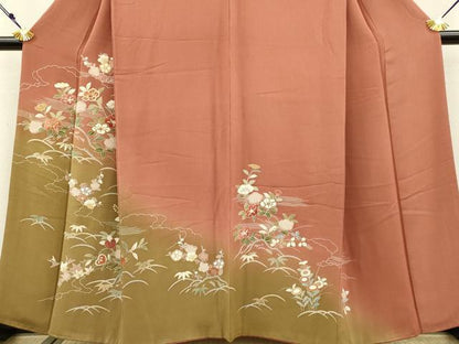 平和屋着物●創業460年・千總 訪問着 駒刺繍 草花文 枝椿 橘 暈し染め 金彩 鬼しぼ縮緬 西武百貨店扱い 正絹 逸品 DAAV3294du
