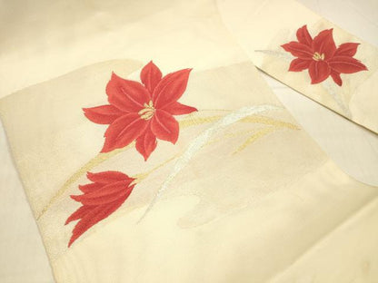 平和屋着物＊夏物　八寸名古屋帯　草花文　金銀糸　正絹　逸品　DAAV3525cm