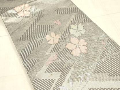 平和屋着物＊夏物　六通柄袋帯　流水草花文　銀糸　正絹　逸品　DAAV3715cm