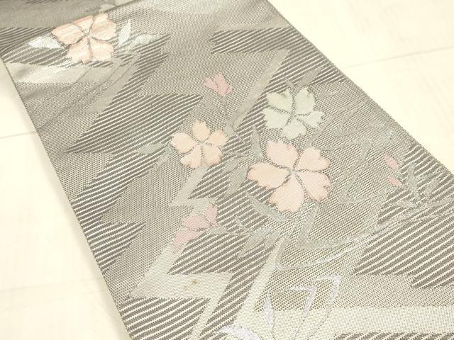 平和屋着物＊夏物　六通柄袋帯　流水草花文　銀糸　正絹　逸品　DAAV3715cm