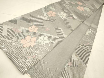 平和屋着物＊夏物　六通柄袋帯　流水草花文　銀糸　正絹　逸品　DAAV3715cm