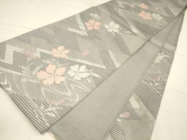 平和屋着物＊夏物　六通柄袋帯　流水草花文　銀糸　正絹　逸品　DAAV3715cm