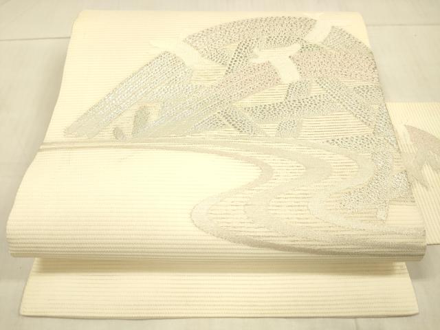 平和屋着物＊夏物　九寸名古屋帯　流水籬文　銀糸　正絹　逸品　DAAV3750cm