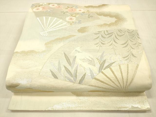 平和屋着物＊夏物　六通柄袋帯　扇面花文　鷺　金銀糸　正絹　逸品　DAAV3874cm