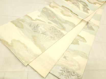 平和屋着物＊夏物　六通柄袋帯　扇面花文　鷺　金銀糸　正絹　逸品　DAAV3874cm