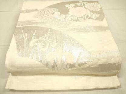 平和屋着物＊夏物　六通柄袋帯　地紙草花文　銀糸　正絹　逸品　DAAV3909cm