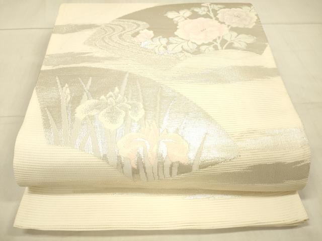 平和屋着物＊夏物　六通柄袋帯　地紙草花文　銀糸　正絹　逸品　DAAV3909cm