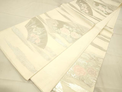平和屋着物＊夏物　六通柄袋帯　地紙草花文　銀糸　正絹　逸品　DAAV3909cm
