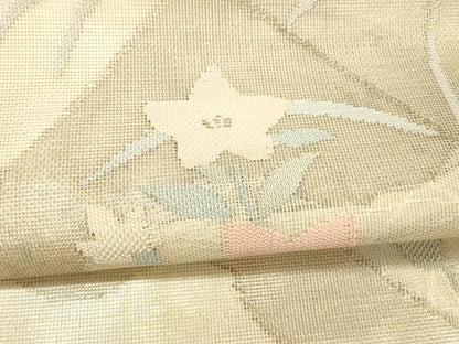 平和屋着物＊夏物　太鼓柄袋帯　草花文　銀糸　正絹　逸品　DAAV3934cm